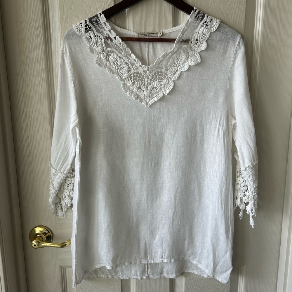 White Linen Shirt with Lace Collar and Sleeves, Made in Italy, Vanessa Alexandra